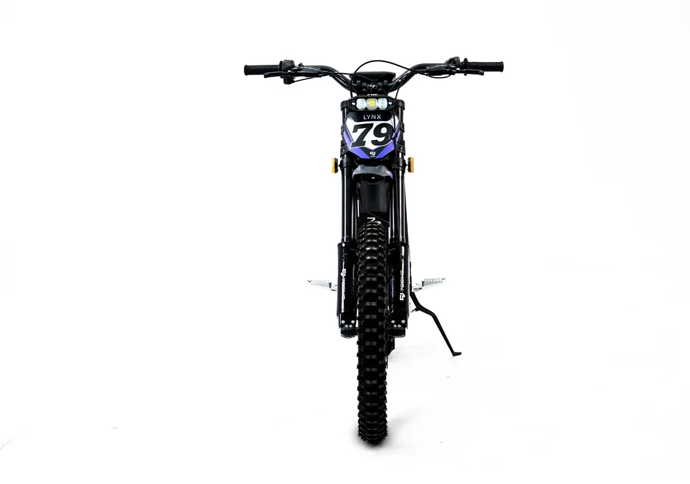 Black/Purple 79Bike Lynx electric dirt bike front view