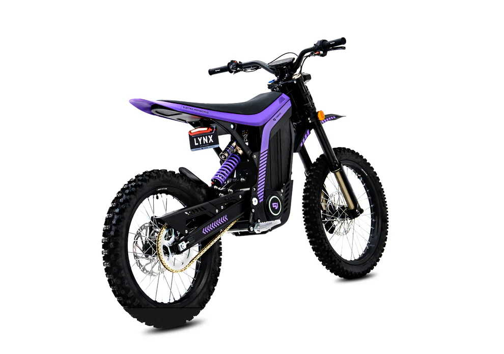 Black/Purple 79Bike Lynx electric dirt bike rear three-quarter view