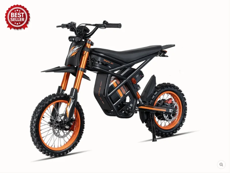 Black and orange Riding times GT54 electric motorbike front three-quarter view