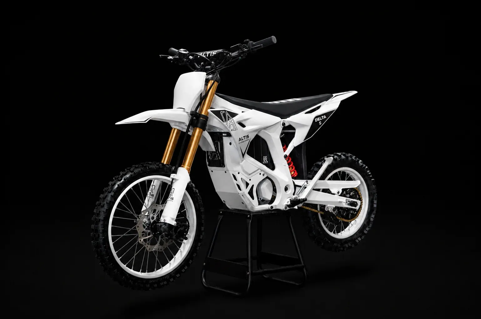 White Altis Delta S electric dirt bike studio view