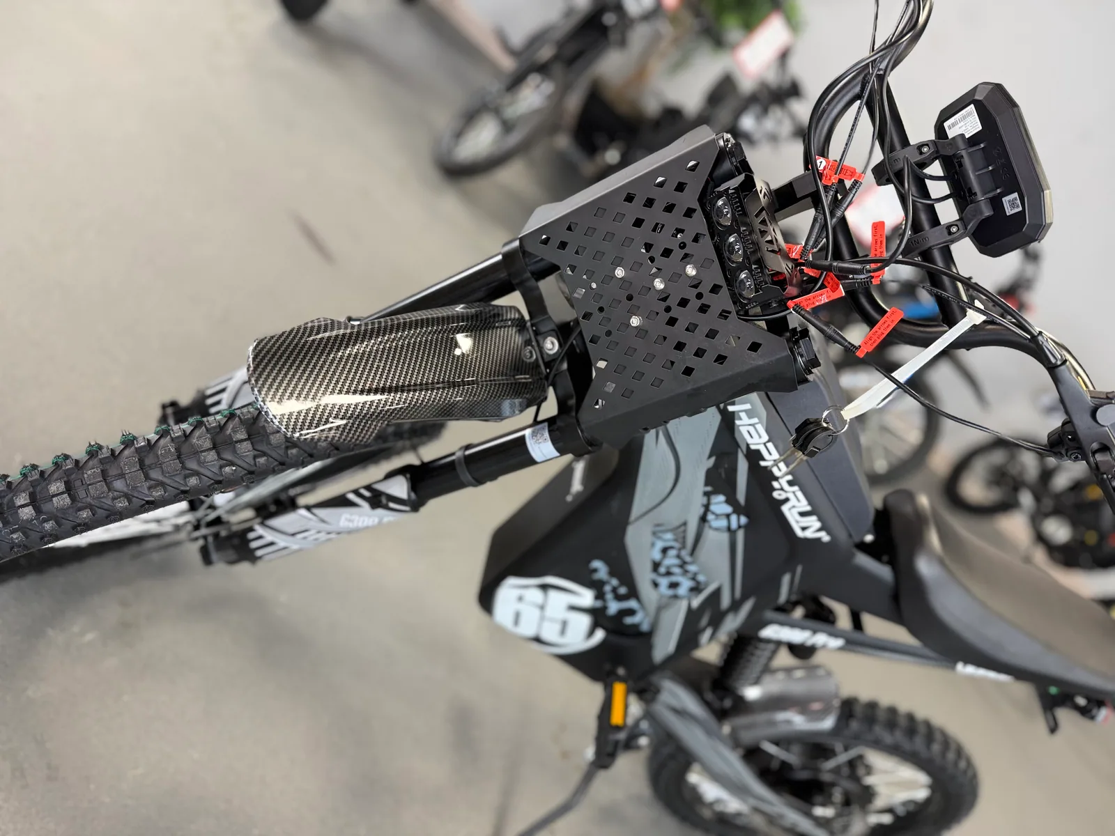 Black HappyRun G300 Pro electric dirt bike cockpit detail