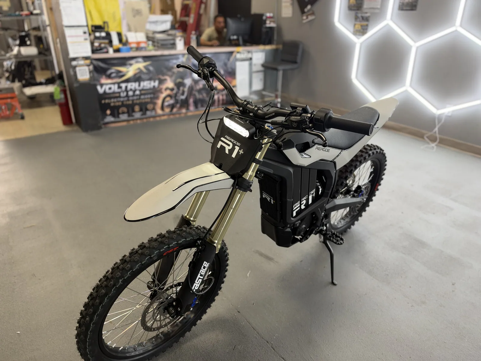 RERODE R1 Plus electric dirt bike alternate front three-quarter view at VoltRush USA
