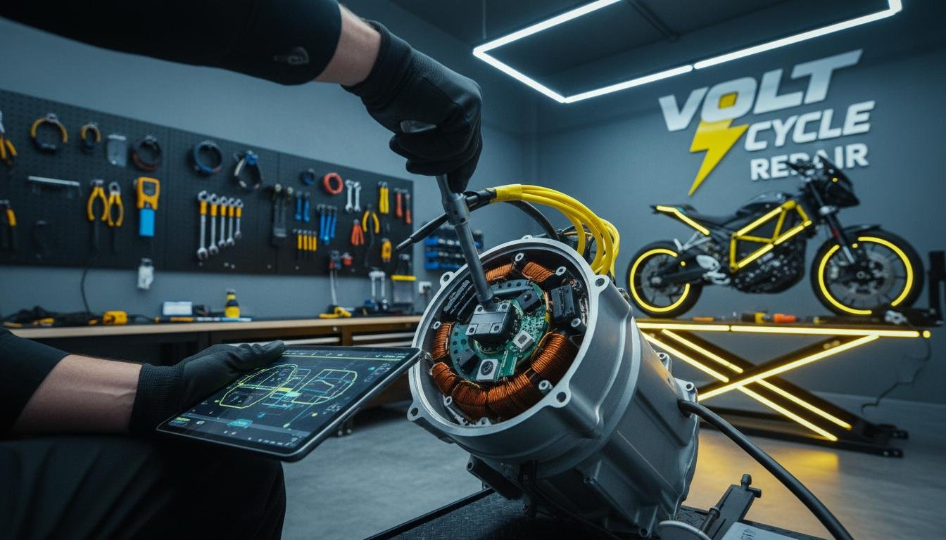 Electric dirt bike maintenance setup at Volt Rush USA